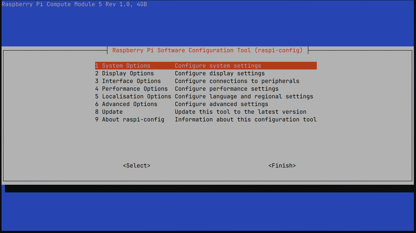 raspi-config initial screen